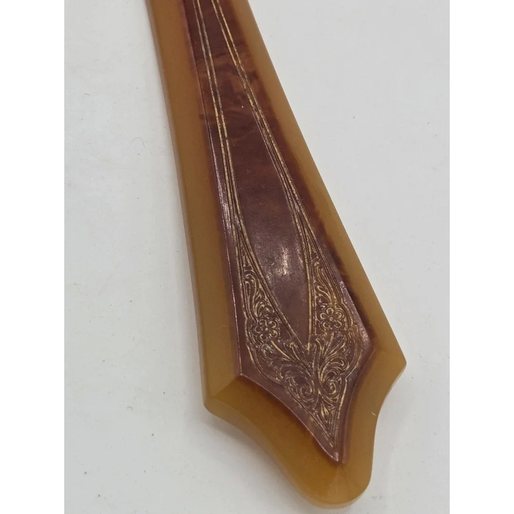 Pyralin Mayflower VTG Hand Held Amber Mirror Art Deco Beveled Ornate Celluloid